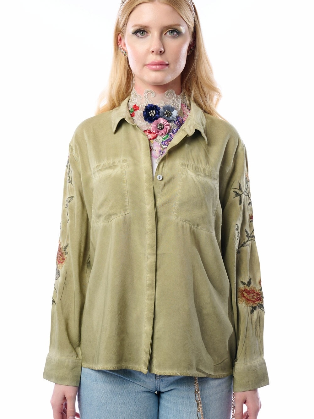 Aratta Kate Shirt Olive Green Embroidered Sleeve Button-Down Blouse